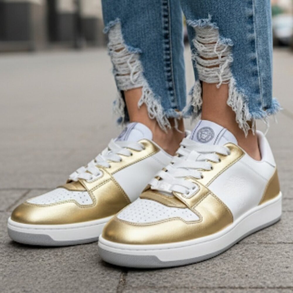 Versace Medusa Gold/White Leather Women's Sneaker Shoe, 1014316, Euro 38.5